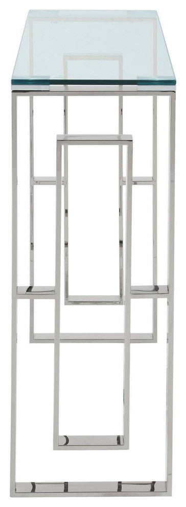 Elegant Console Table, Lattice Accented Stainless Steel Legs & Glass Top, Chrome