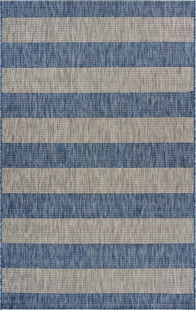 8' X 10' Blue And Gray Striped Indoor Outdoor Area Rug
