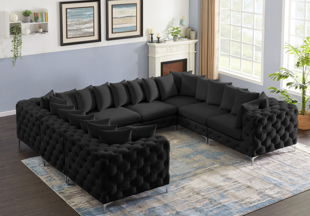 Tremblay Velvet Upholstered 8-Piece Modular U-Shaped Sectional, Black