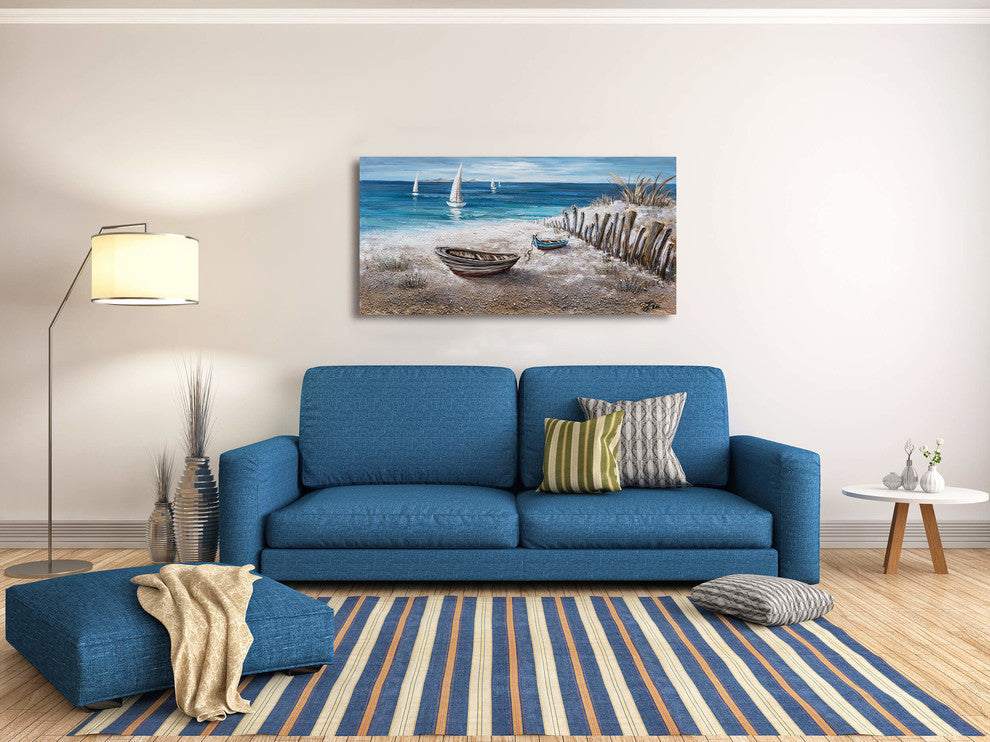 "Boats on the Sand" Hand Painted Canvas Art, 55"x27.5"