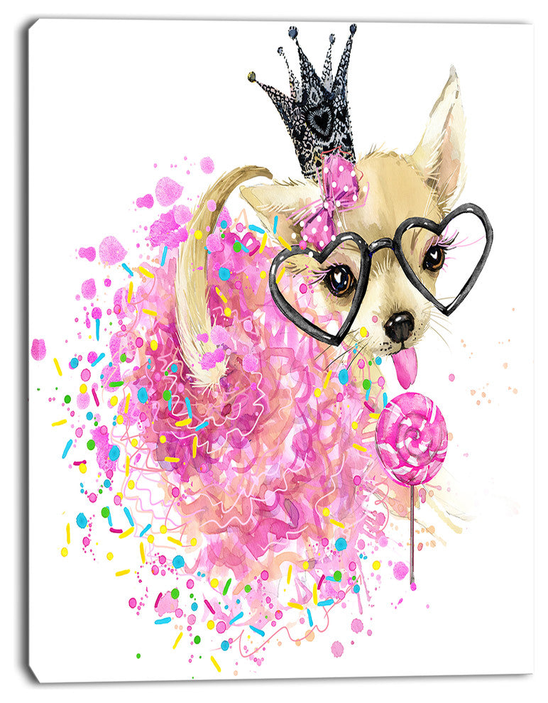 Cute Dog with Crown and Glasses, Contemporary Animal Art Canvas, 12"x20"