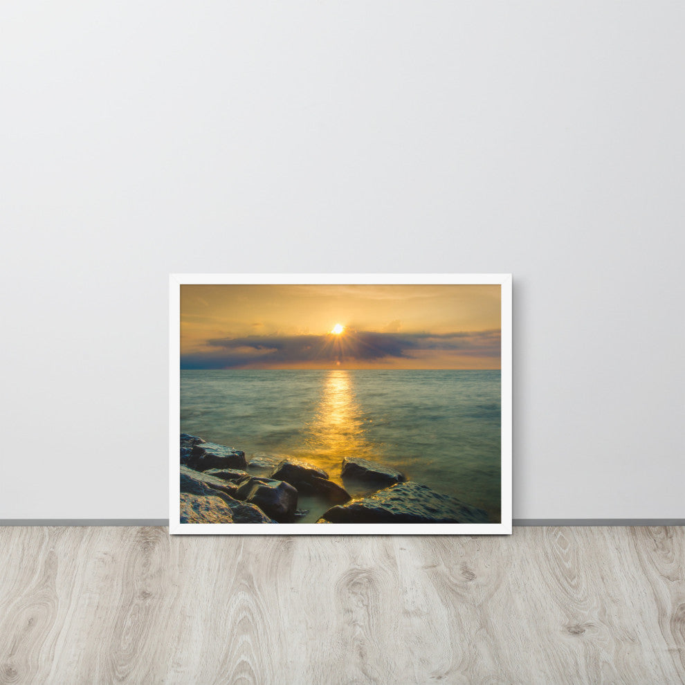 Sun Ray on the Water Coastal Landscape Framed Photo Paper Wall Art Print, White, 18" X 24"