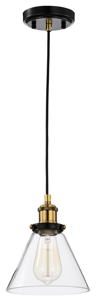 1-Light Black and Antique Brass Mini Pendant Light With Clear Glass Shade