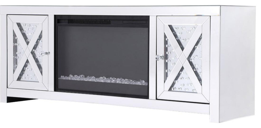 59"Crystal Mirrored Tv Stand With Crystal Insert Fireplace