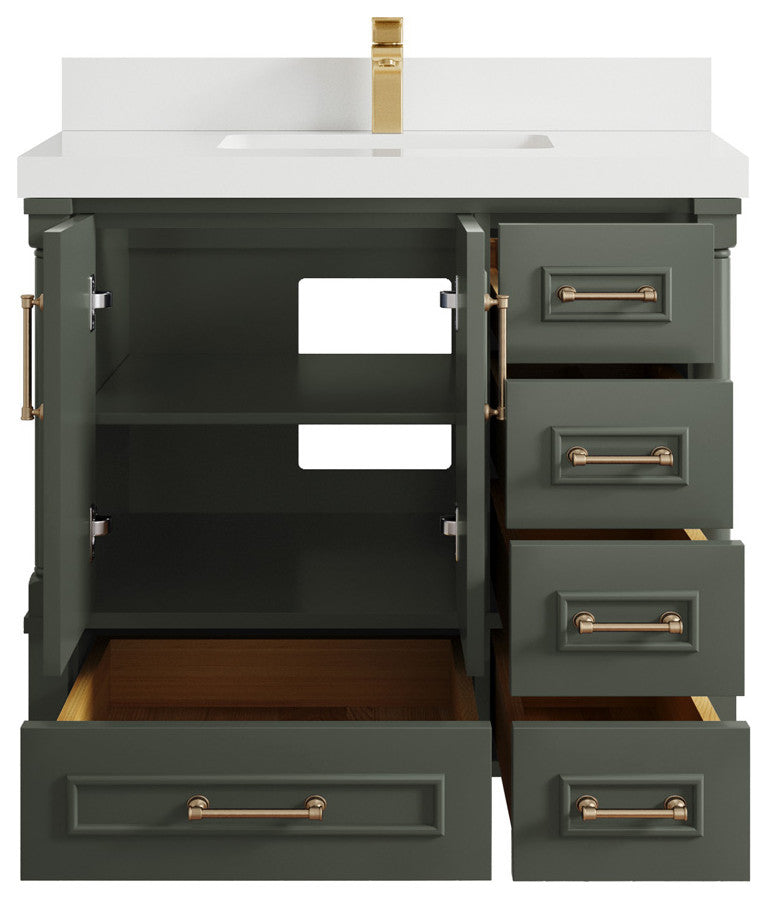 Aberdeen 36 Center Sink Bath Vanity in Pewter Green 2" White Quartz