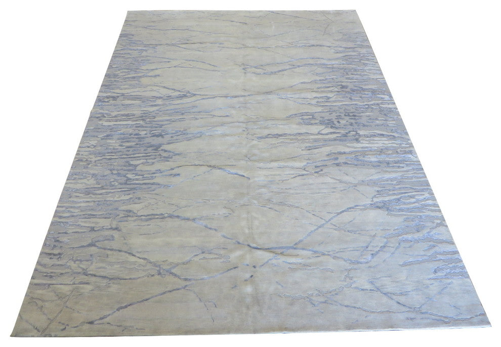 Hand Knotted Ivory Modern Wool & Silk Oriental Rug