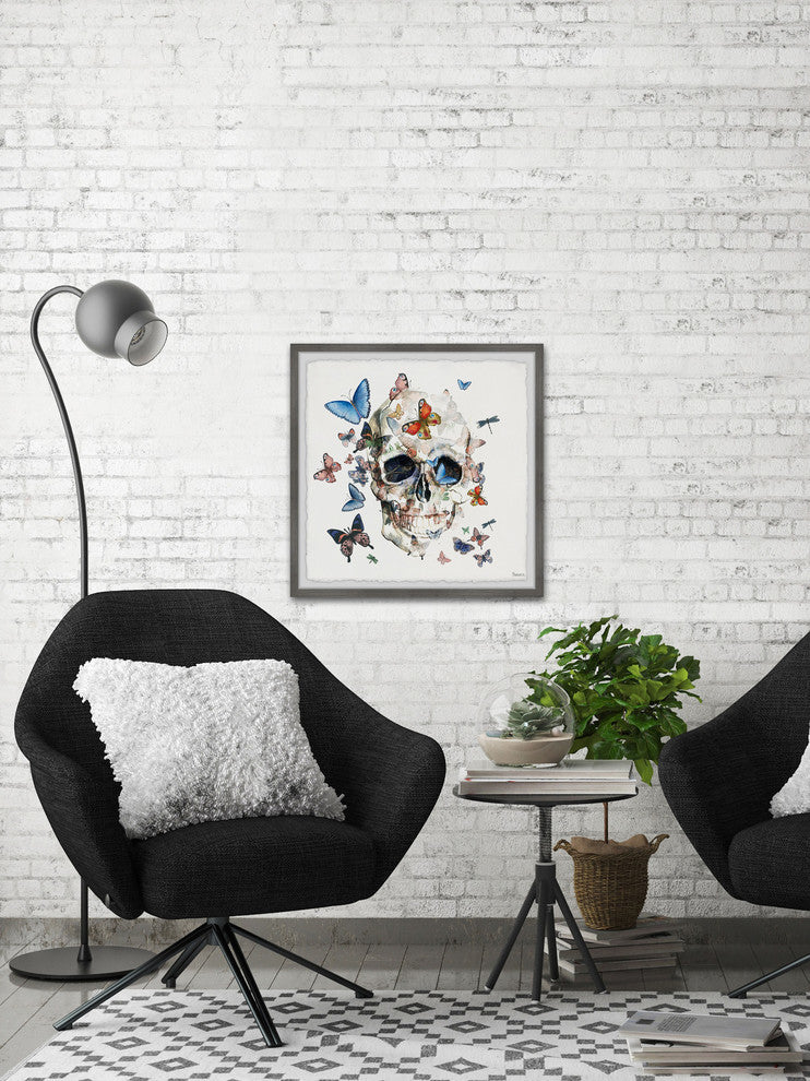 "Happy Butterfly Skull" Framed Painting Print, 18"x18"