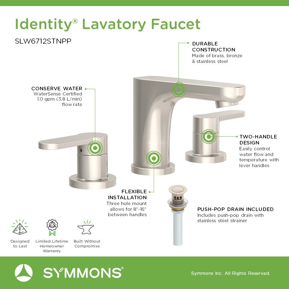 Identity Widespread Two-Handle Bathroom Faucet with Push Pop Drain (1.0 GPM), Satin Nickel