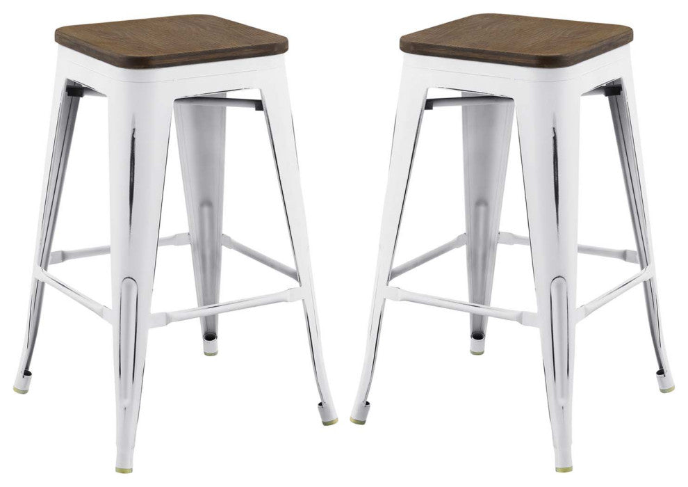 Counter Stool Chair, Set of 2, Wood, Metal, White, Modern, Bar Pub Restaurant