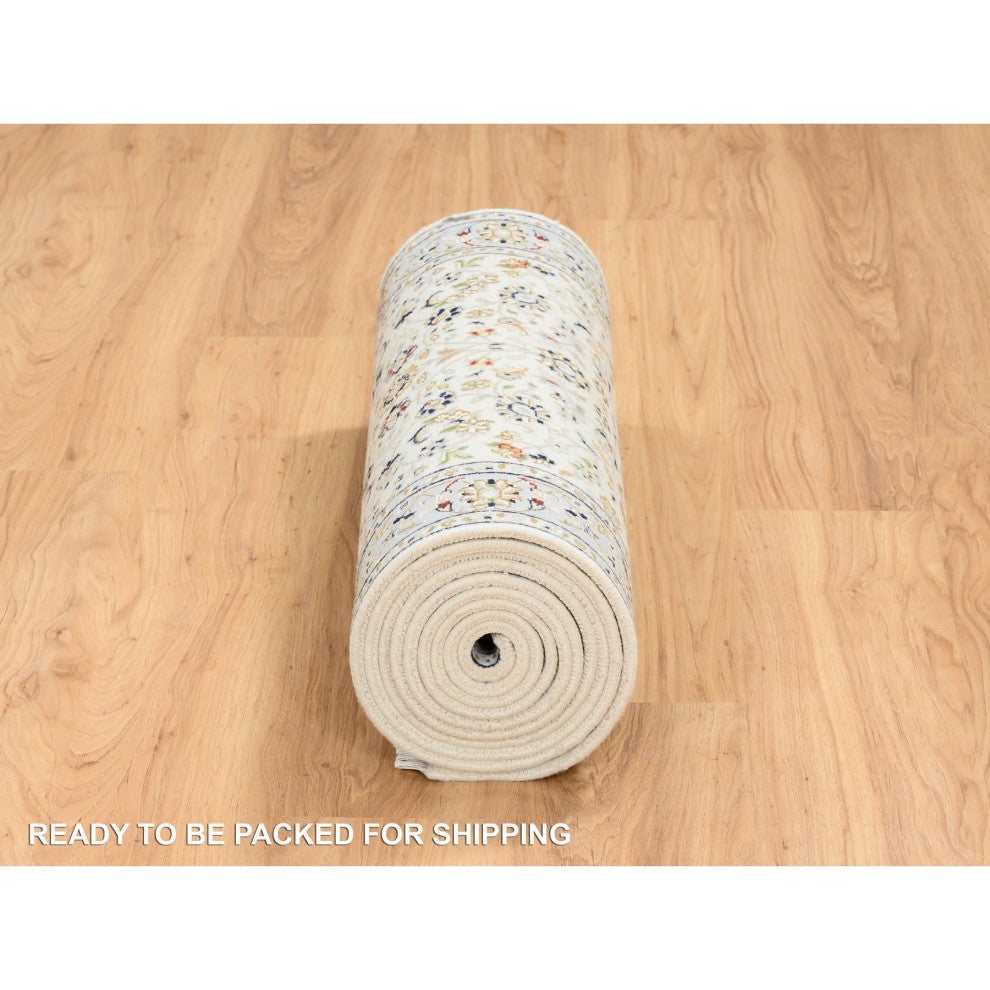 Ivory, Hand Knotted Nain, 250 KPSI Wool and Silk Runner Rug, 2'7"x14'0"