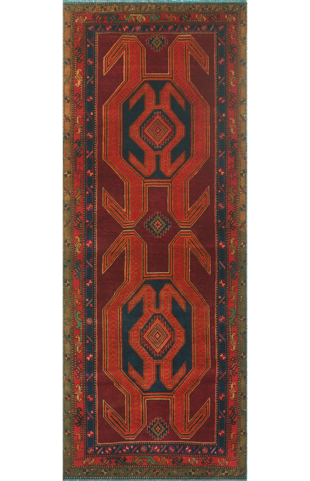 Fine Vintage Distressed Payam Burgundy/Navy Runner, 4'0x10'0