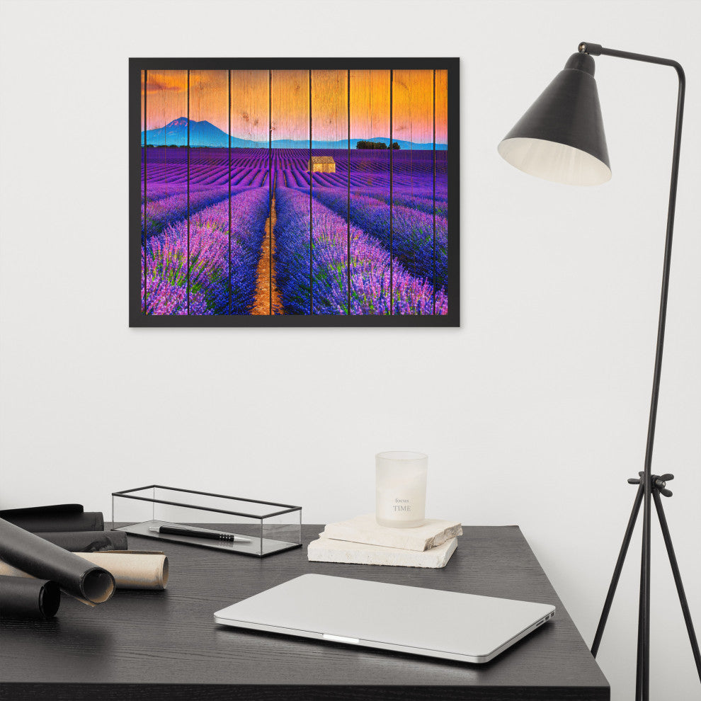 Faux Wood Lavender Fields and Sunset Landscape Framed Photo Paper Wall Art Print, Black, 16" X 20"