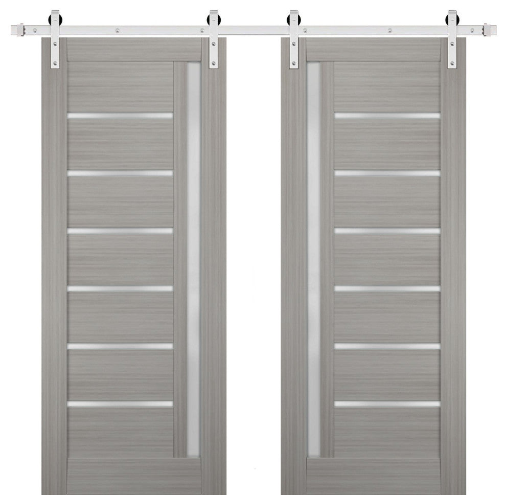 Double Barn Door 72 x 96 Frosted Glass, Quadro 4088 Grey Ash, Silver 13FT