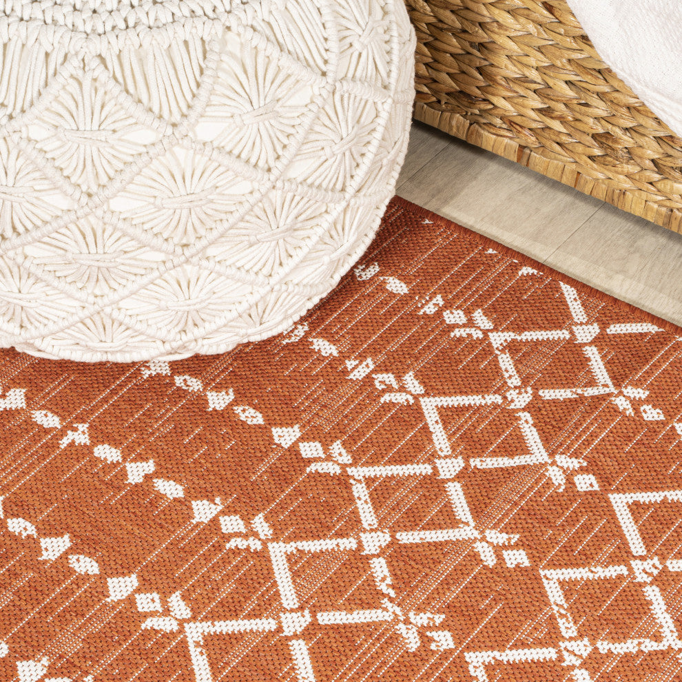 Ourika Moroccan Geometric Indoor/Outdoor Rug, Orange/Cream, 2x10