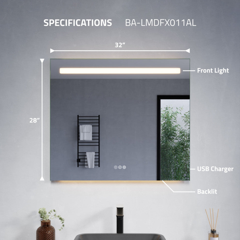 ANZZI 28" x 32" LED Front/Top/Bottom Light Bathroom Mirror With Defogger