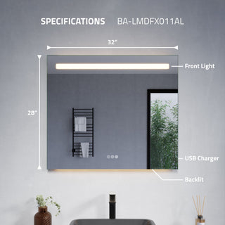 ANZZI 28" x 32" LED Front/Top/Bottom Light Bathroom Mirror With Defogger