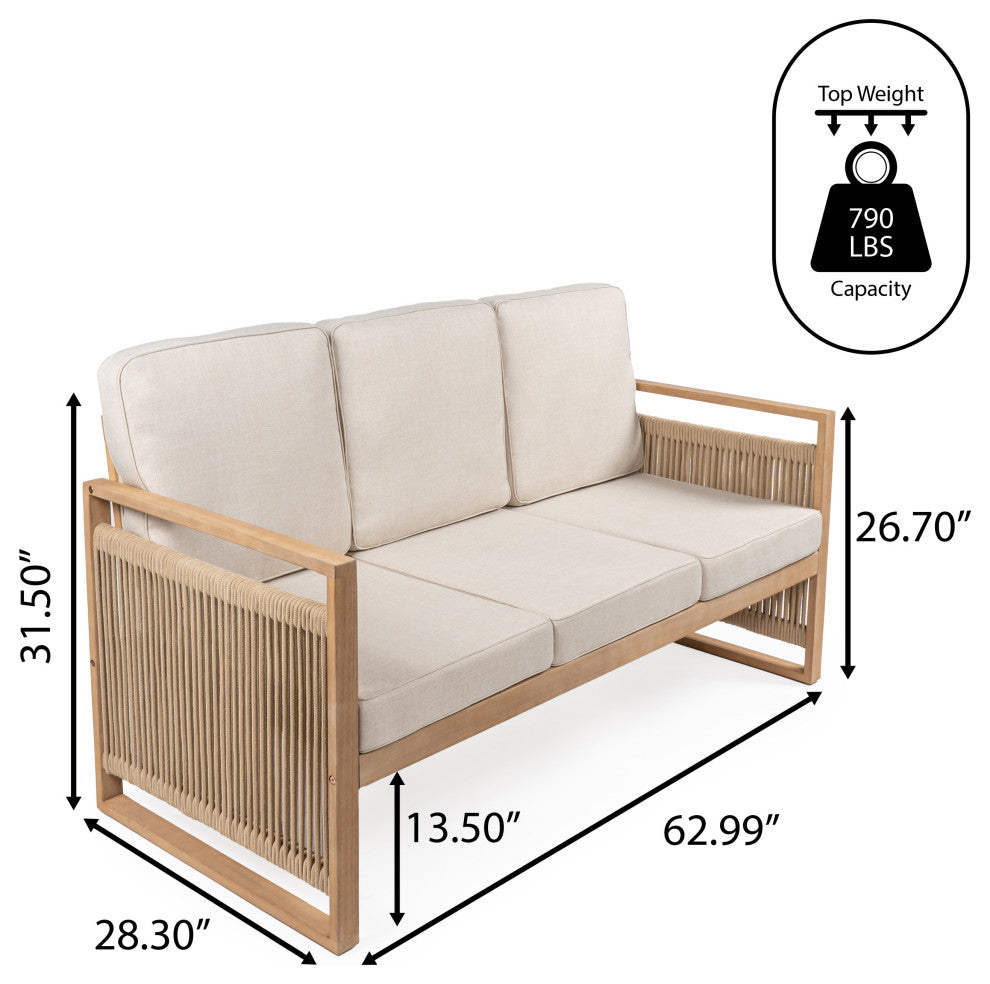 Gable 3-Seat Mid-Century Modern Roped Acacia Wood Outdoor Sofa With Cushions