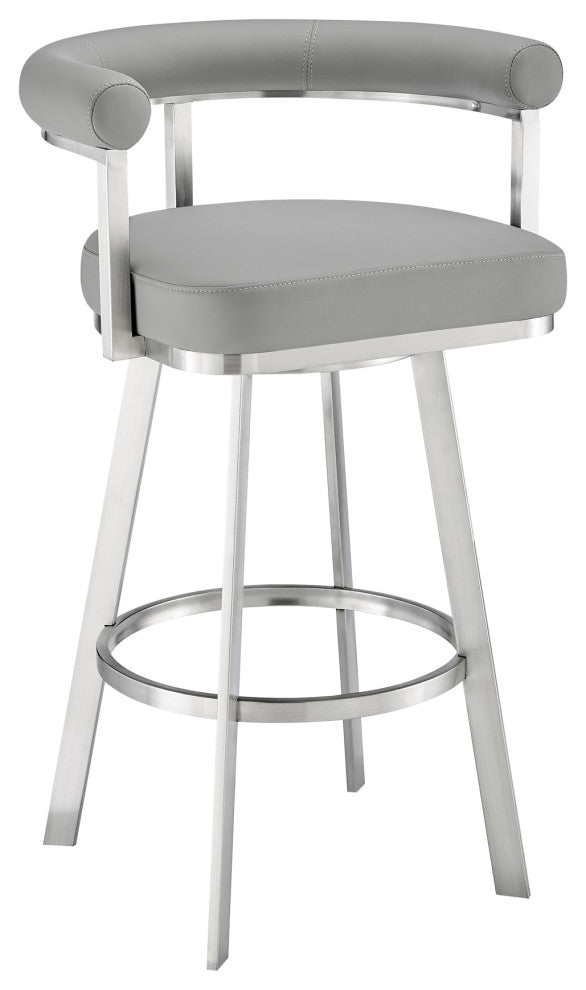 Nolagam Swivel Bar Stool, Brushed Stainless Steel With Light Gray Faux Leather