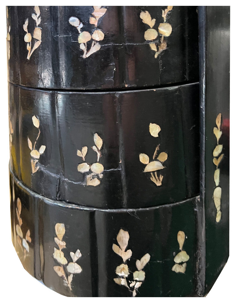 Chinese Vintage Distressed Black Lacquer MOP Inlay Basket, Hws2218