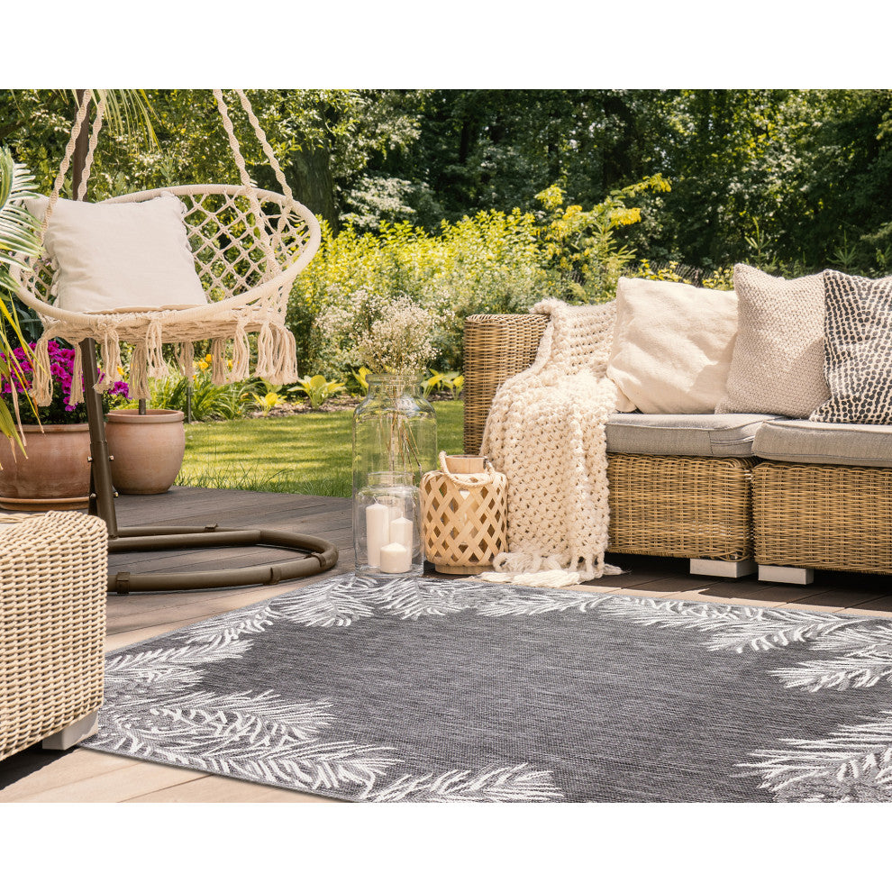 Malibu Pine Border Indoor/Outdoor Rug, Charcoal, 8'10"x11'9"