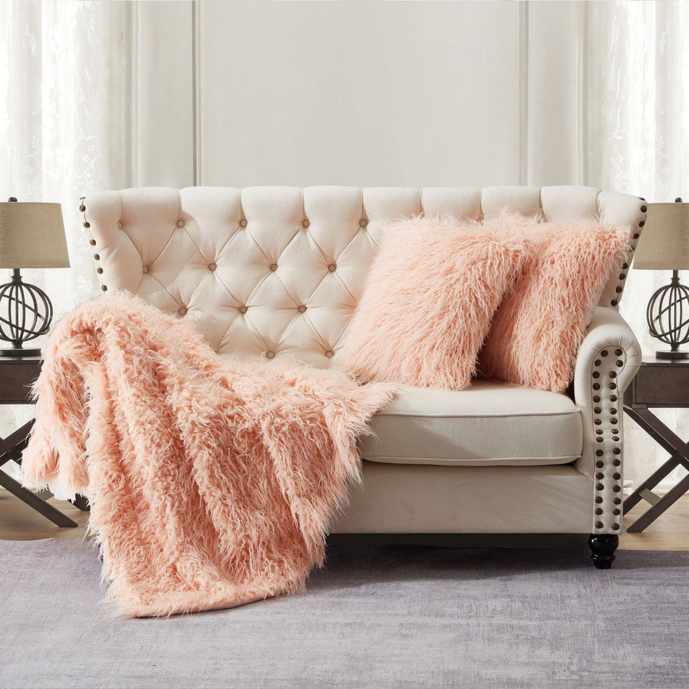 Mongolian Faux Fur 3 Piece Throw Blanket and Pillow Shell Set, Rose, 50"x60"