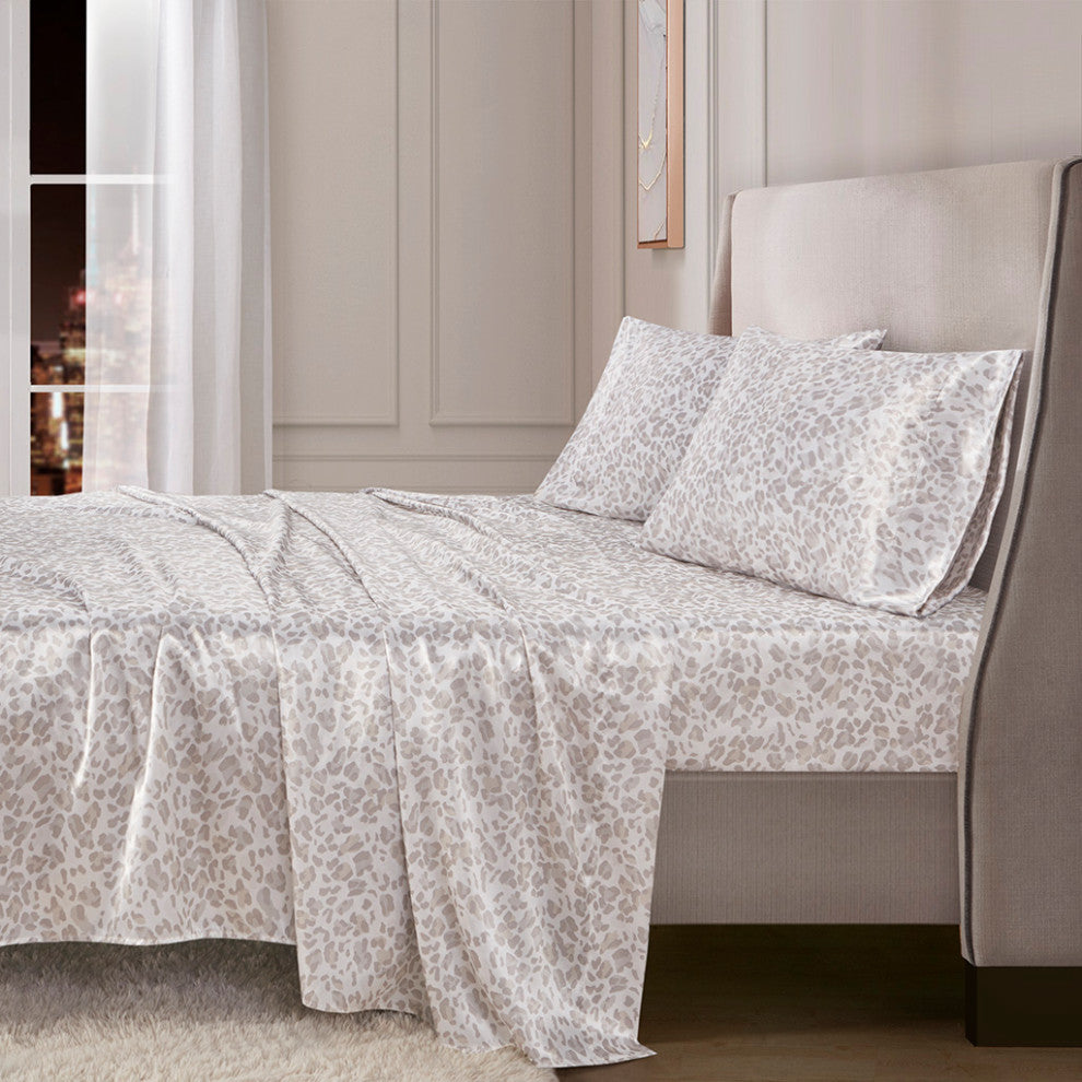Madison Park Essentials Printed Satin Sheet Set, King Taupe Leopard