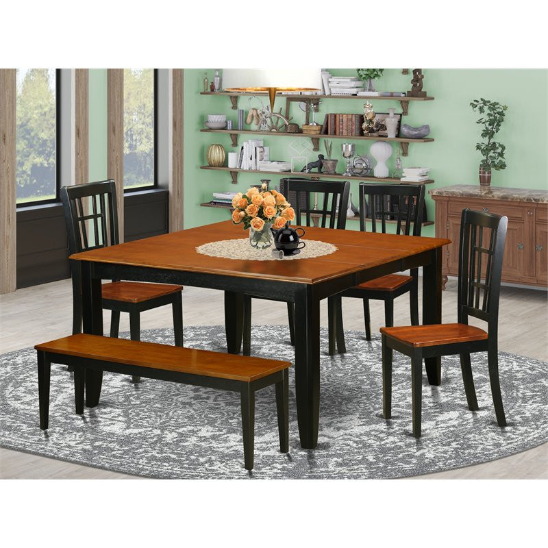 Dawson Dining Table Set With Bench, Black and Cherry, 6 Pieces