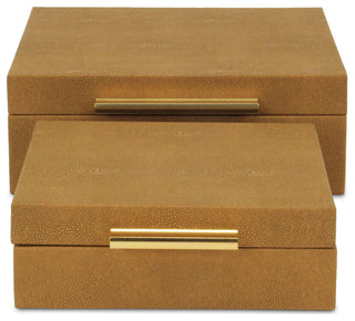 Lusan Square Decorative Box Set, Camel Brown Faux Shagreen