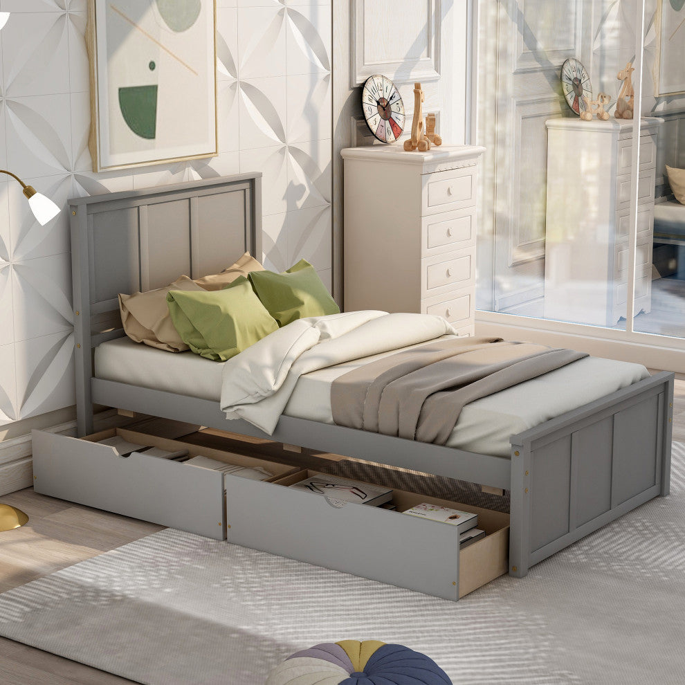 Gewnee Platform Storage Bed, 2 drawers with wheels, Twin Size Frame in Gray