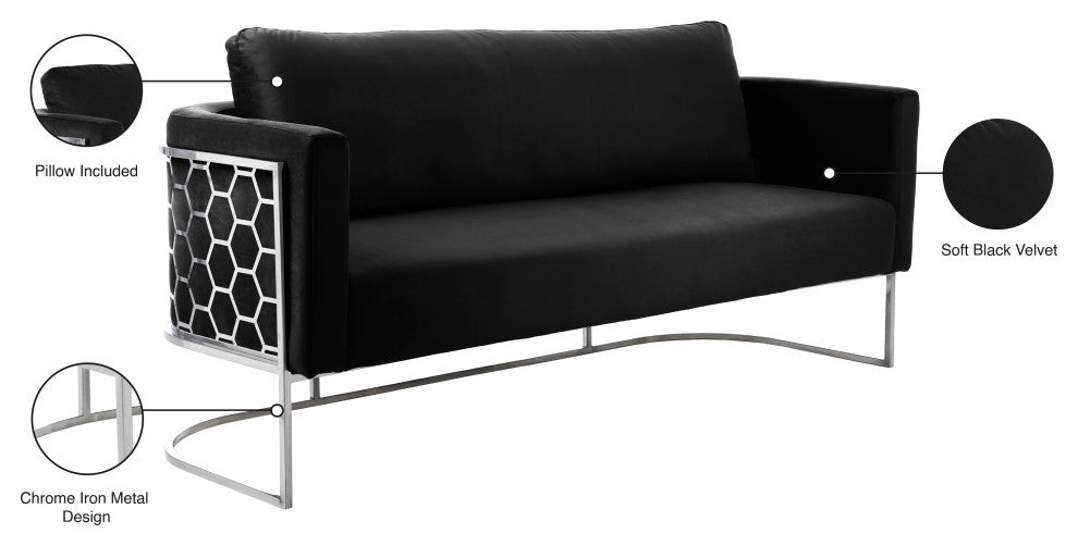 Casa Velvet Upholstered Sofa, Black, Chrome Finish