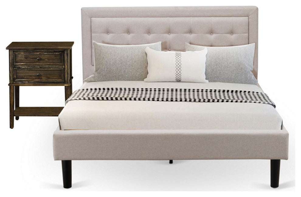 2Pc Fannin Bedroom Set, 1 Upholstered Bed, End Table For Bedroom Mist Beige