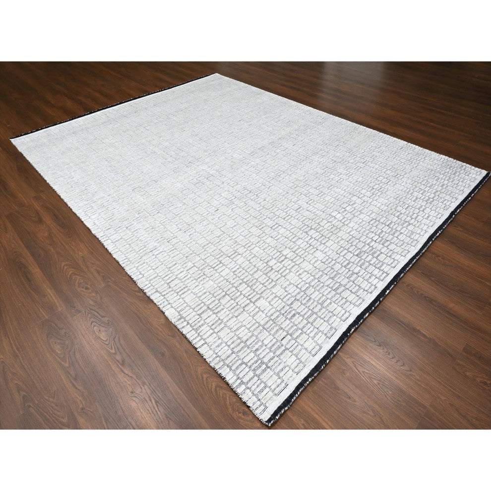Pearl White Modern Roman Tile Design Hand Loomed Oriental Rug, 9'x11'9"