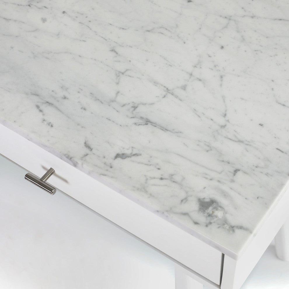 Viola 44" Rectangular Italian Carrara White Marble Writing Desk, White, 18" Wide
