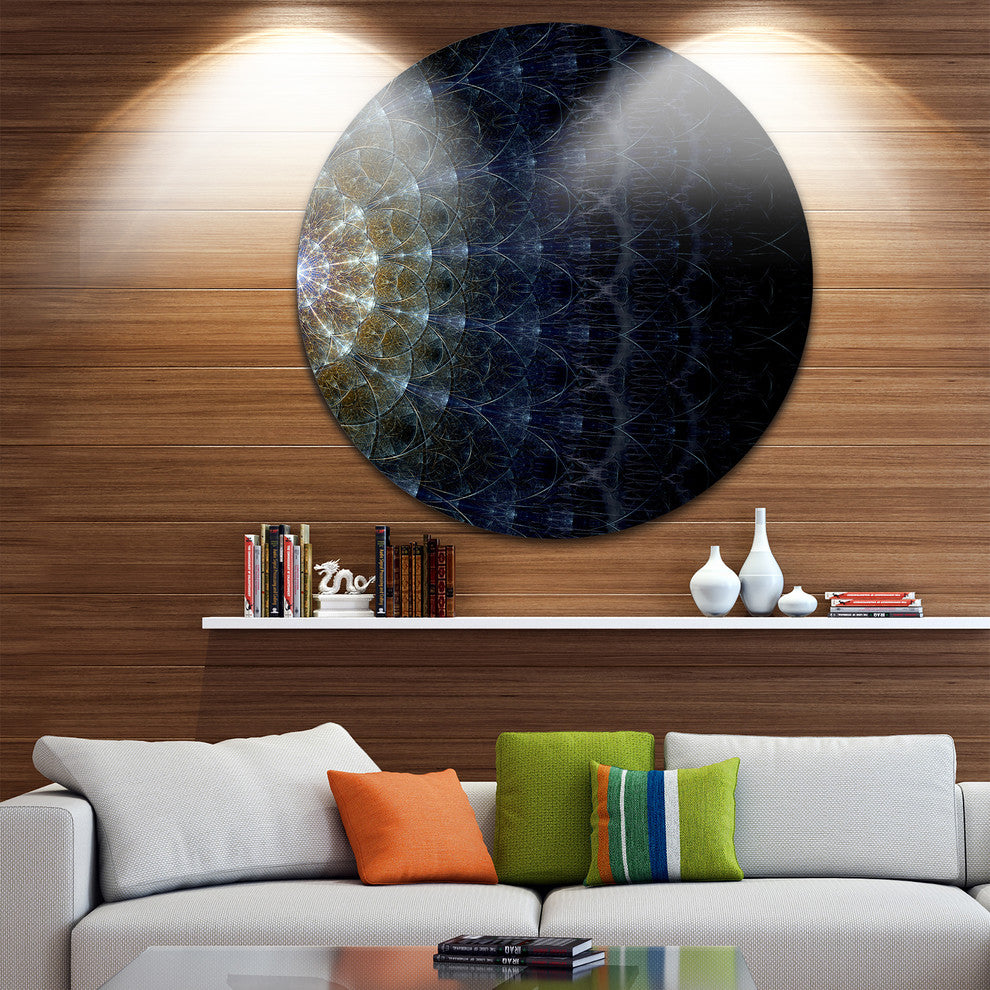 Symmetrical Blue Silver Fractal Flower, Digital Art Round Wall Art, 23"