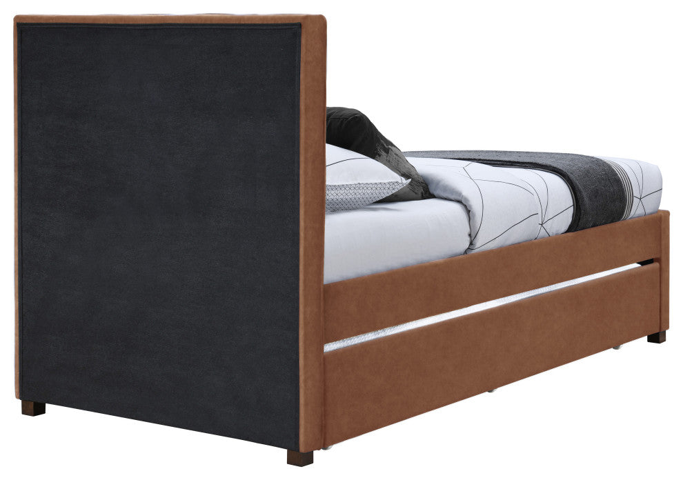 Hudson Beige Faux Leather Twin Trundle Bed, Cognac