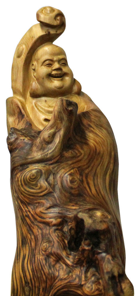 Chinese Cypress Wood Carved Irregular Shape Happy Buddha Statue Hcs4137