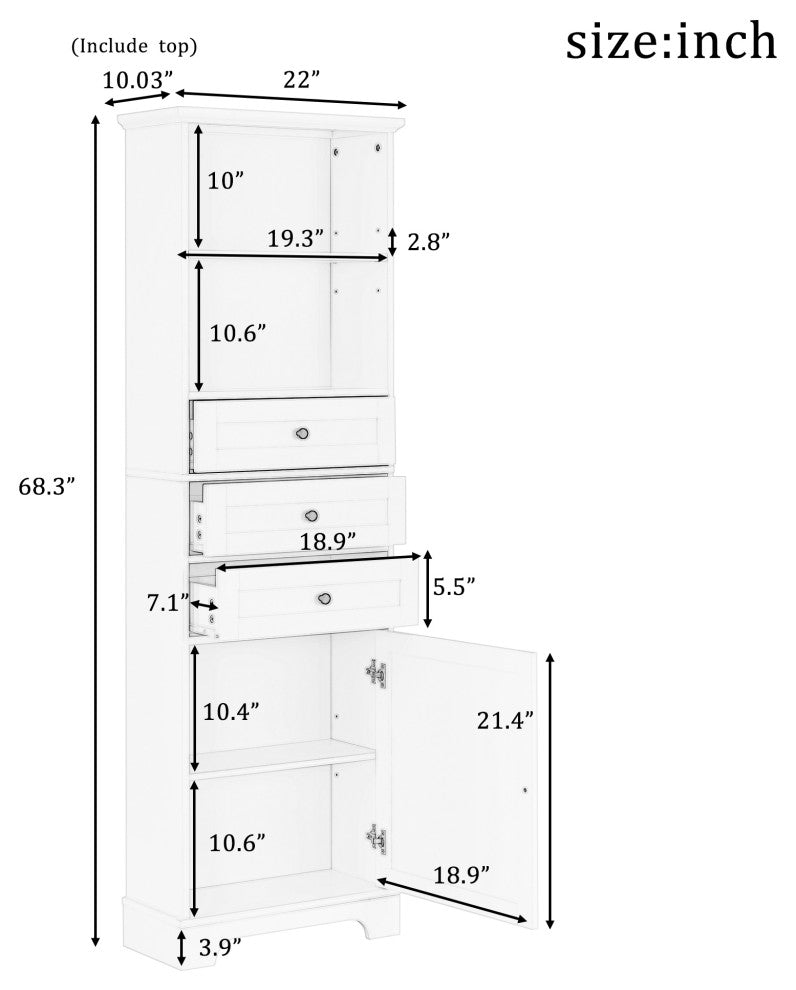 68" Tall Freestanding Bath Cabinet, 3 Drawers and Adjustable Shelves, Grey