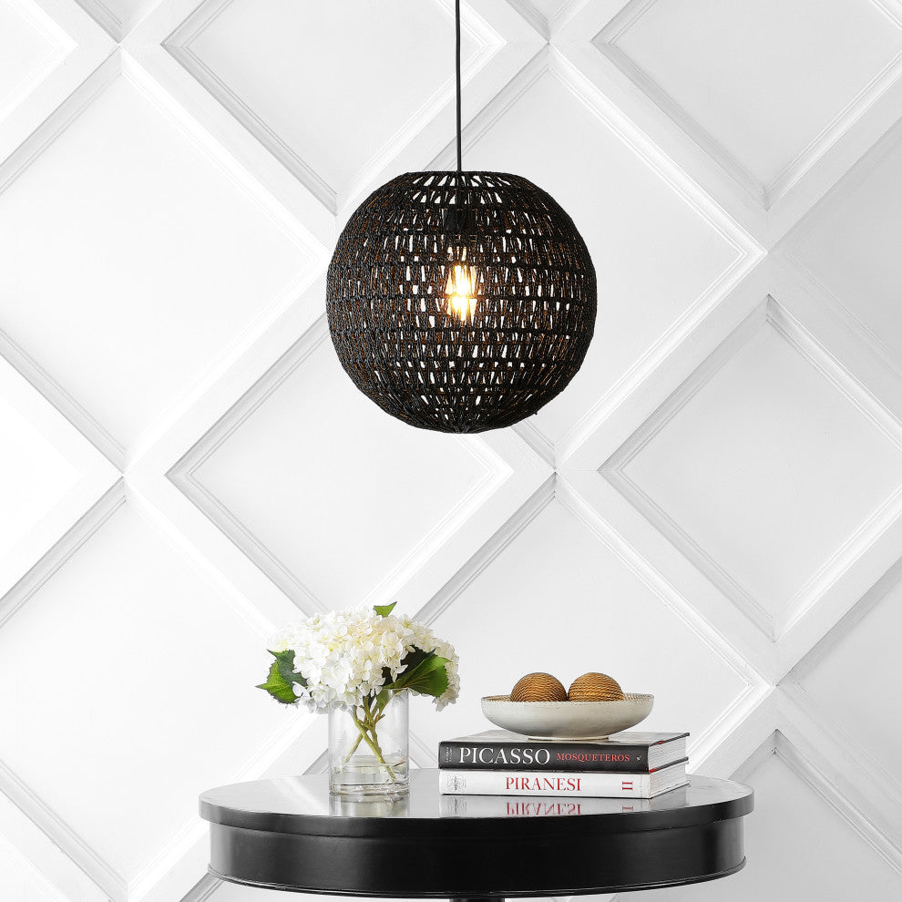 Luna 15.75" 1-Light Bohemian Modern Woven Rattan/Iron LED Pendant, Black