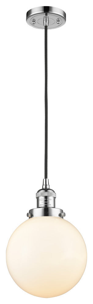 1-Light Beacon 8" Mini Pendant, Polished Chrome, Glass: Matte White Cased
