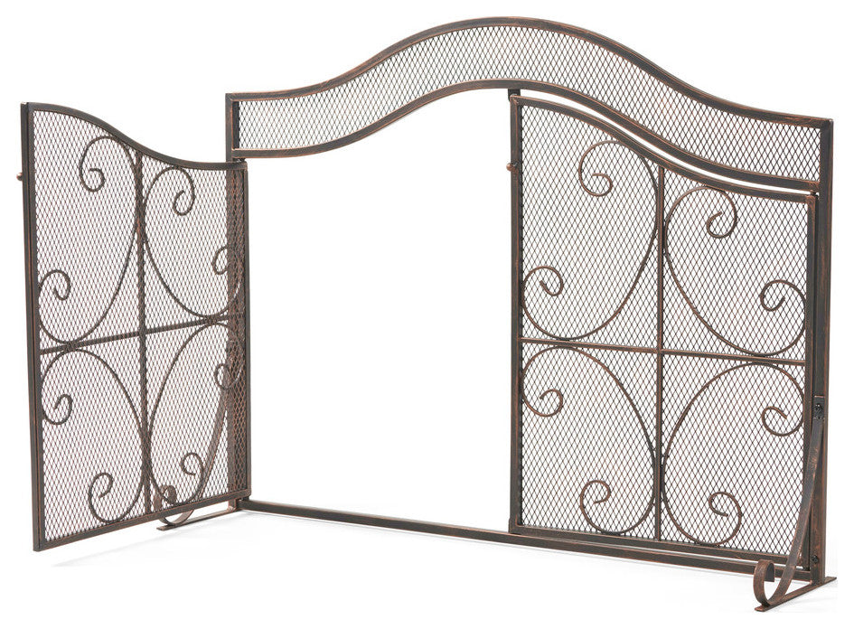 Gary Modern 3-Panel Iron Fire Screen With Door, Black Copper Finish