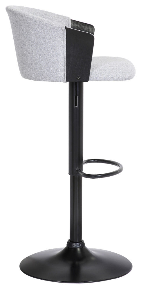 Lydia Adjustable Black Wood Bar Stool in Gray Faux Leather with Black Metal, Light Gray