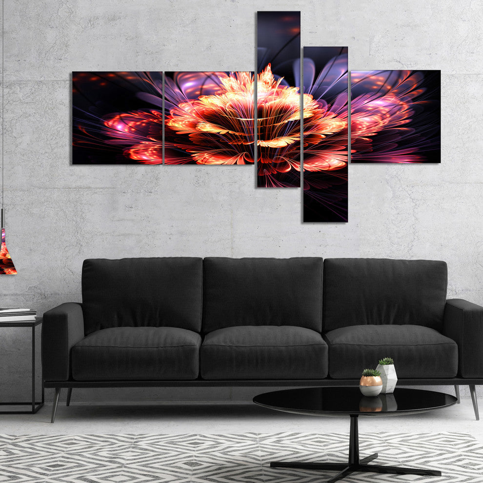 Fractal Flower Orange and Purple, Floral Art Canvas Print, 60"x32", 5 panels
