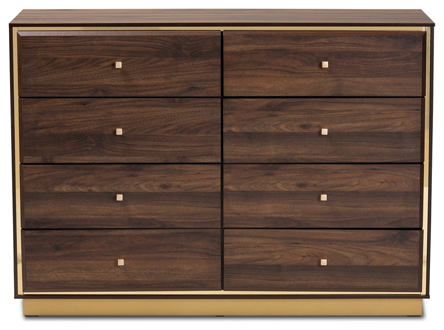 Modern and Contemporary Walnut Brown Finished Wood Gold Metal 8-Drawer Dresser