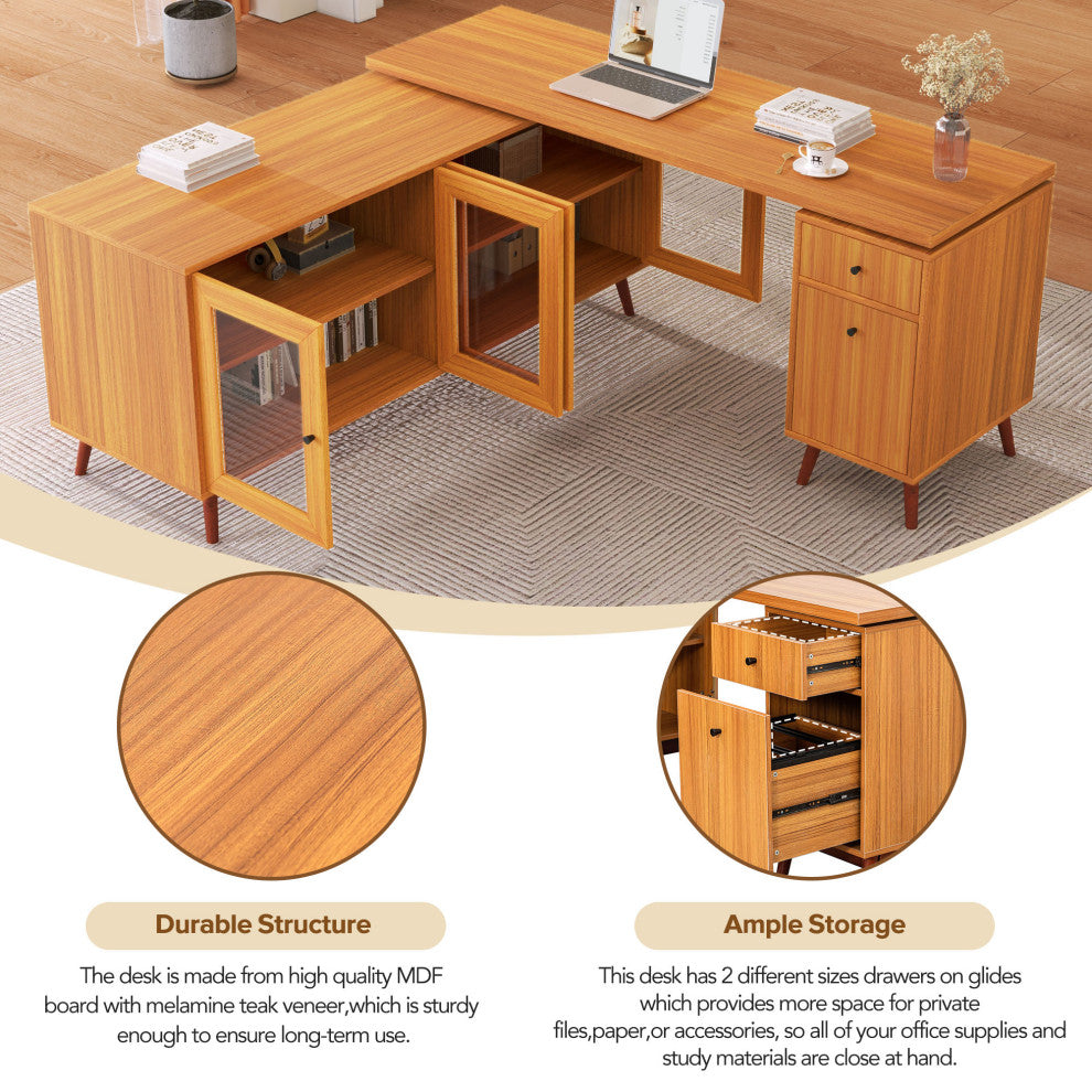 Modern L-shaped Executive Desk, Delicate Tempered Glass Cabinet Storage, Teak