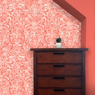 Antique Damask Wallcovering, Coral, Roll, Traditional