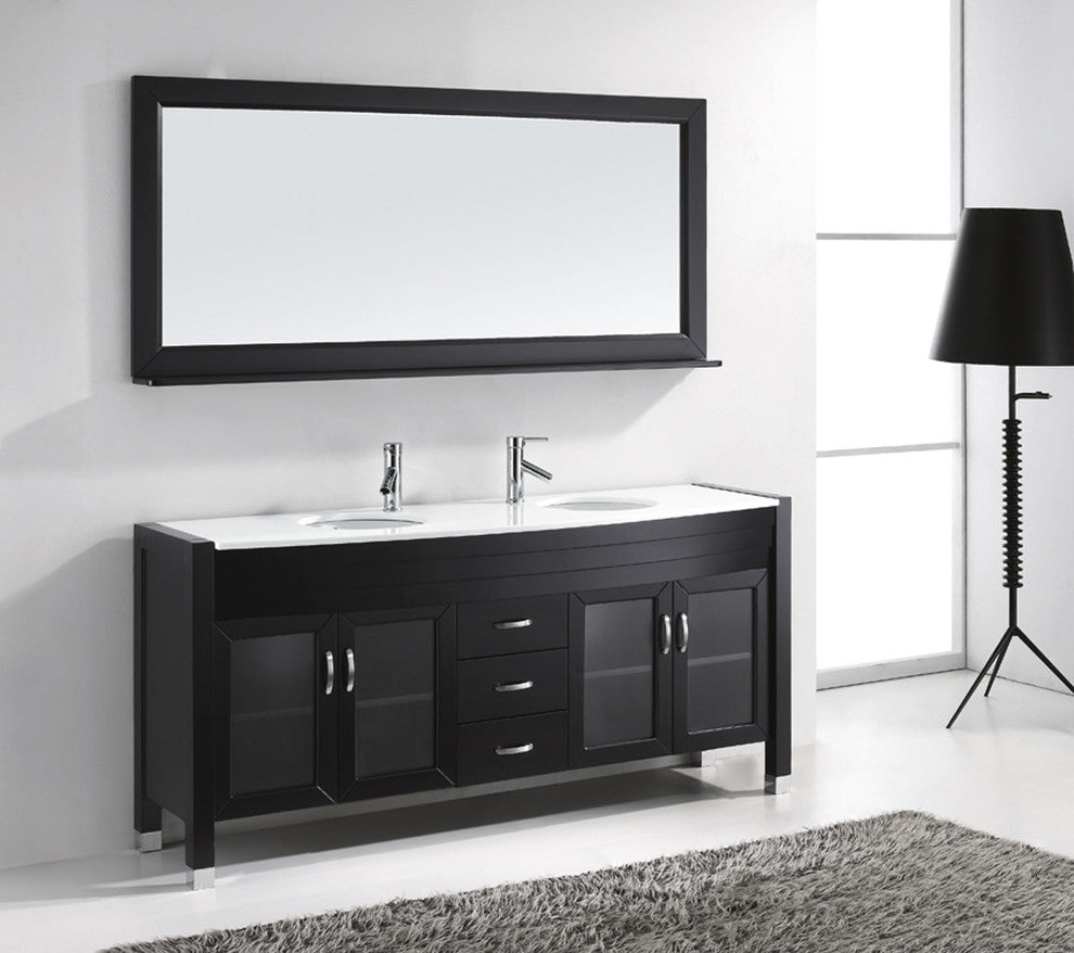 Virtu Ava 71" Double Bathroom Vanity, Espresso, Brushed Nickel Faucet, Mirror