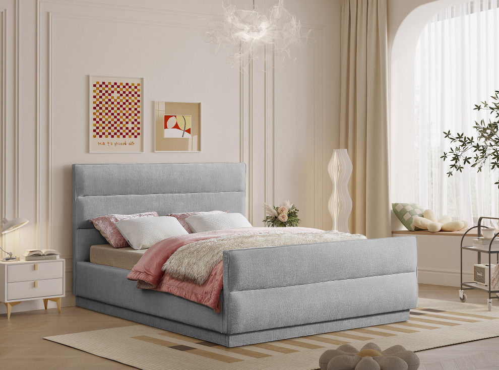 Paxton Chenille Fabric Upholstered Bed, Gray, Queen
