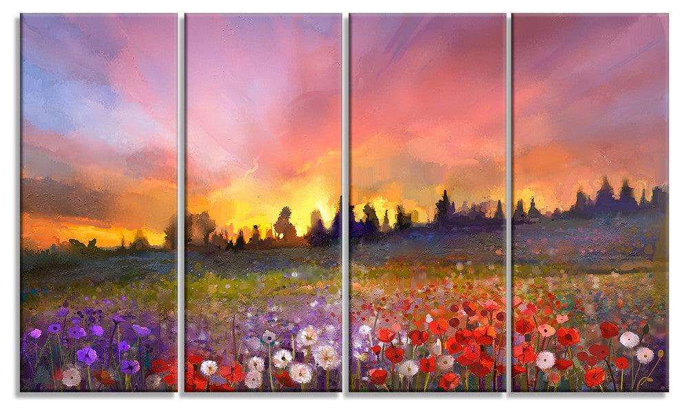 Field of Poppy Dandelion and Daisy, Floral Canvas Artwork, 48"x28", 4 Panels