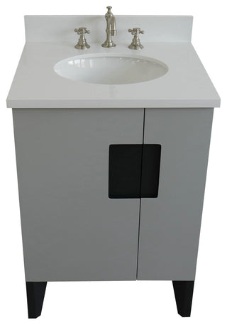 25" Single Sink Vanity, Light Gray Finish With Engineered Stone Top, Oval Sink