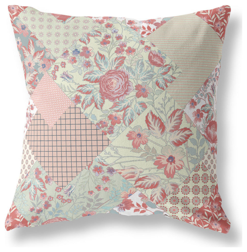 20" Peach Pink Floral Indoor Outdoor Throw Pillow